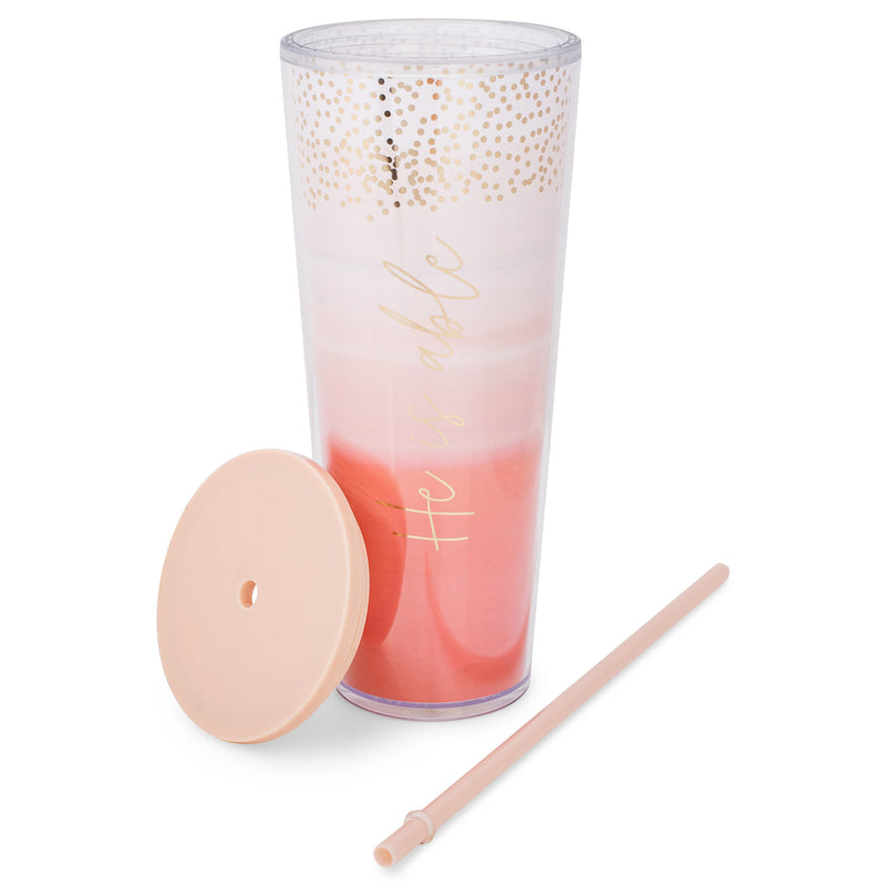 He Is Able Peach Ombre 24 ounce Acrylic Travel Tumbler with Straw