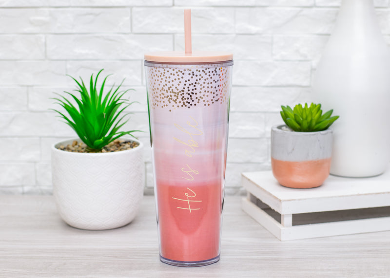 He Is Able Peach Ombre 24 ounce Acrylic Travel Tumbler with Straw
