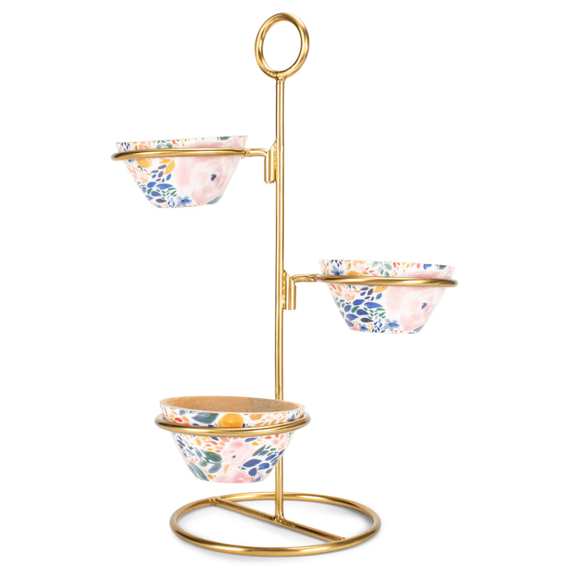 Mary Square Enchanted Garden Enameled 3 Piece Dip Bowl Set With Gold Finish Stand