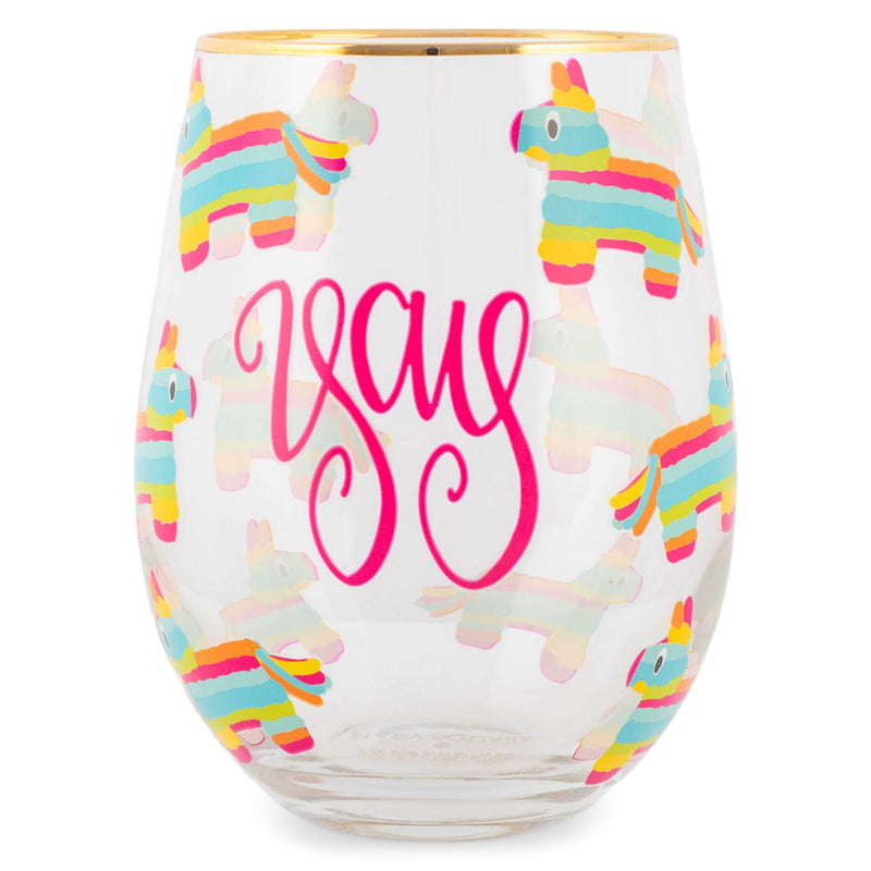 Mary Square Yay Llama Pinata Pink 16 ounce Glass Stemless Wine Glass
