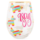 Mary Square Yay Llama Pinata Pink 16 ounce Glass Stemless Wine Glass
