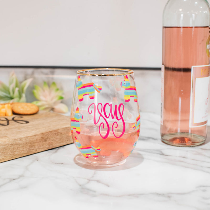 Mary Square Yay Llama Pinata Pink 16 ounce Glass Stemless Wine Glass