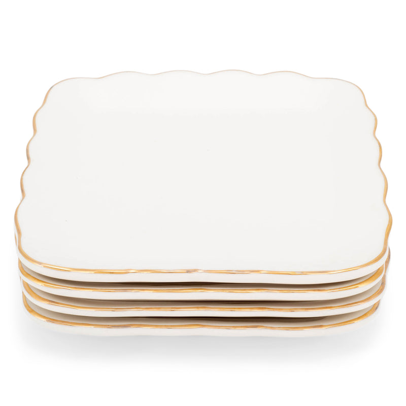 Mary Square Classic White Scallopped Gold Rim 5.75 x 6 Ceramic Appetizer Plate Set of 4