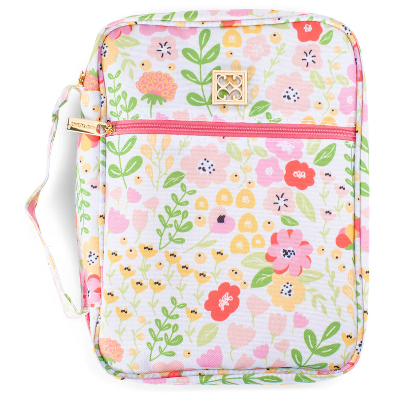 Mary Square Full Bloom Pink Floral Polyester Canvas Zippered Bible Cover