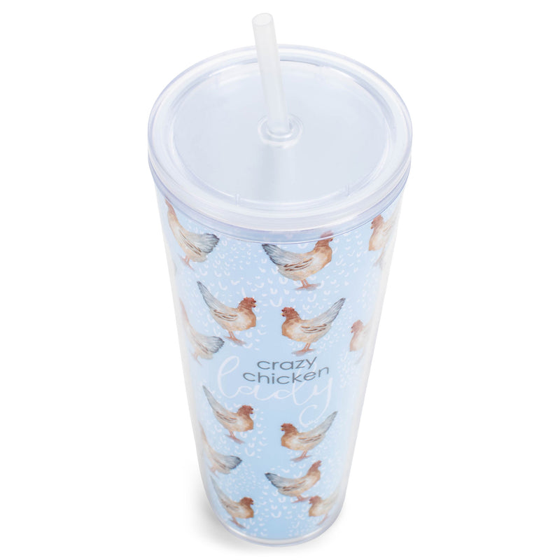 Mary Square Crazy Chicken Lady Soft Blue 24 ounce Acrylic Travel Tumbler with Straw