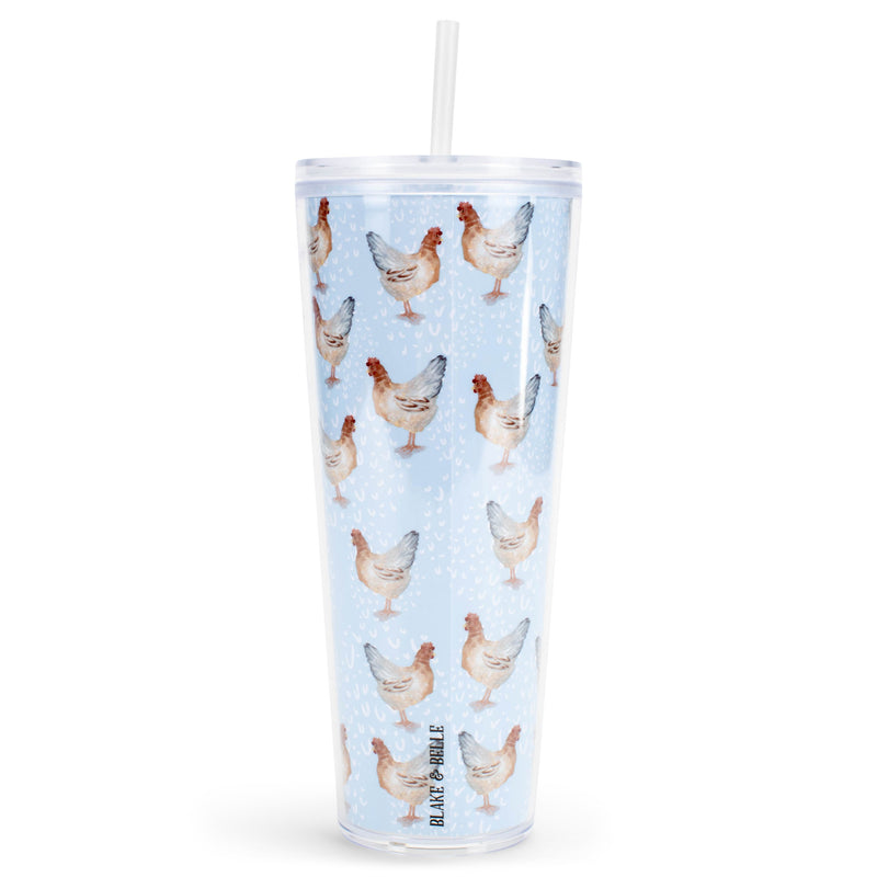 Mary Square Crazy Chicken Lady Soft Blue 24 ounce Acrylic Travel Tumbler with Straw