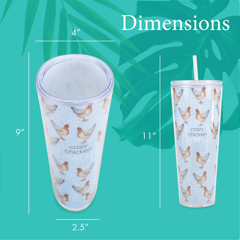 Mary Square Crazy Chicken Lady Soft Blue 24 ounce Acrylic Travel Tumbler with Straw