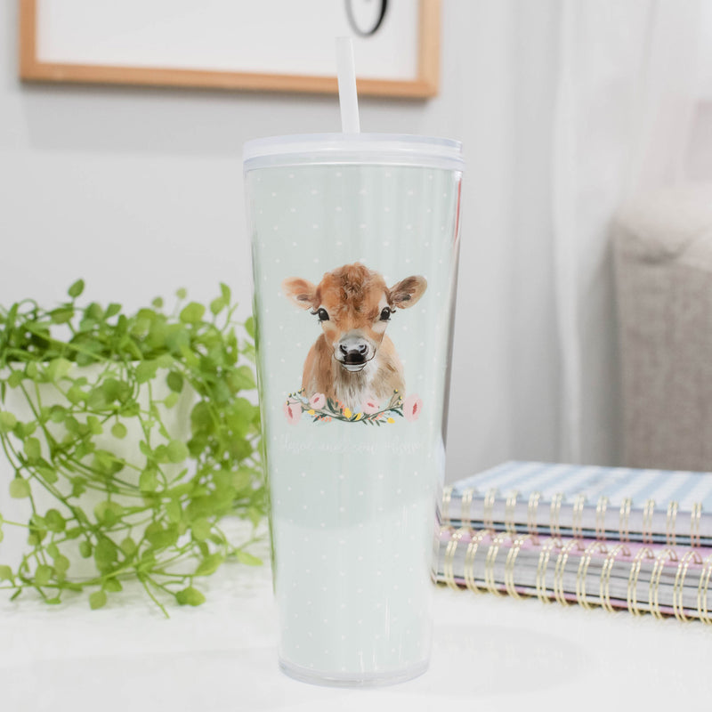Mary Square Cow Obsessed Soft Blue 24 ounce Acrylic Travel Tumbler with Straw