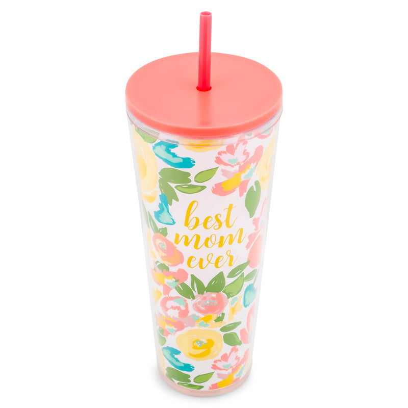 Mary Square Best Mom Ever Pink Floral 24 ounce Acrylic Travel Tumbler with Straw