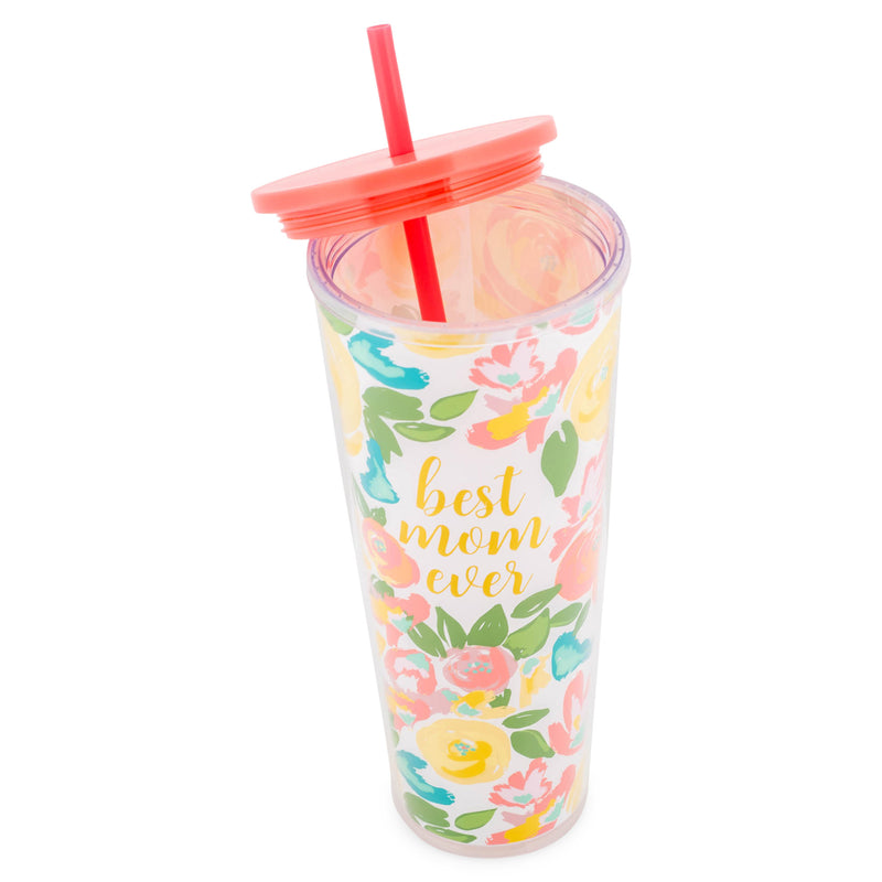Mary Square Best Mom Ever Pink Floral 24 ounce Acrylic Travel Tumbler with Straw