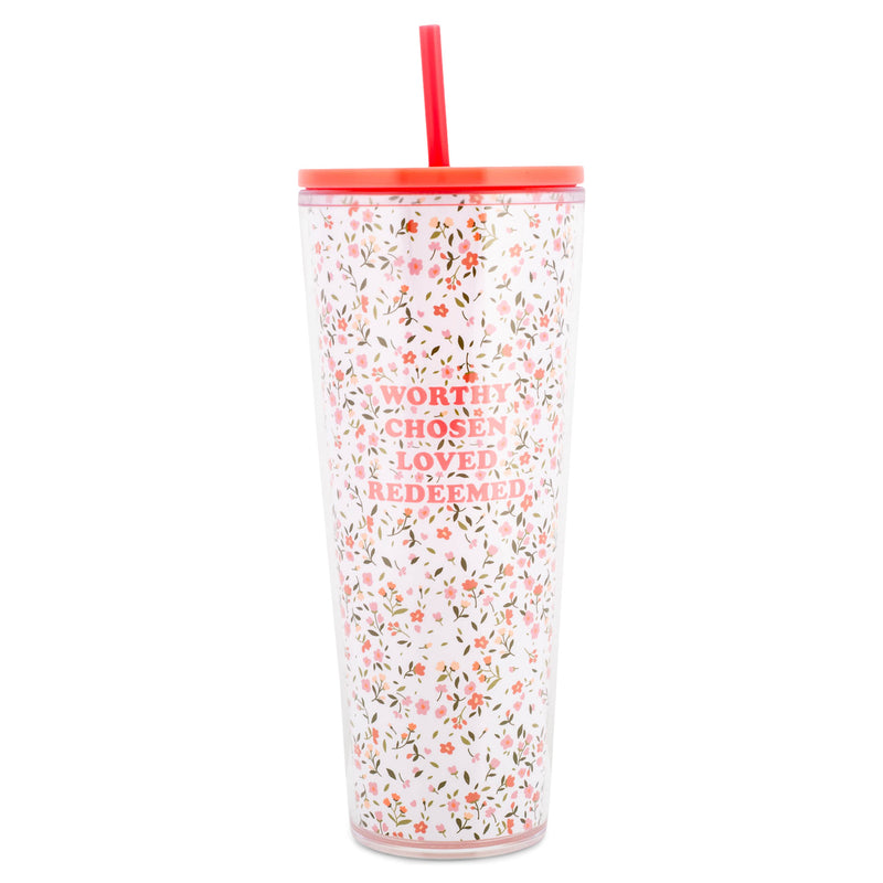 Mary Square Worthy Chosen Loved Redeemed Floral 24 ounce Acrylic Travel Tumbler with Straw