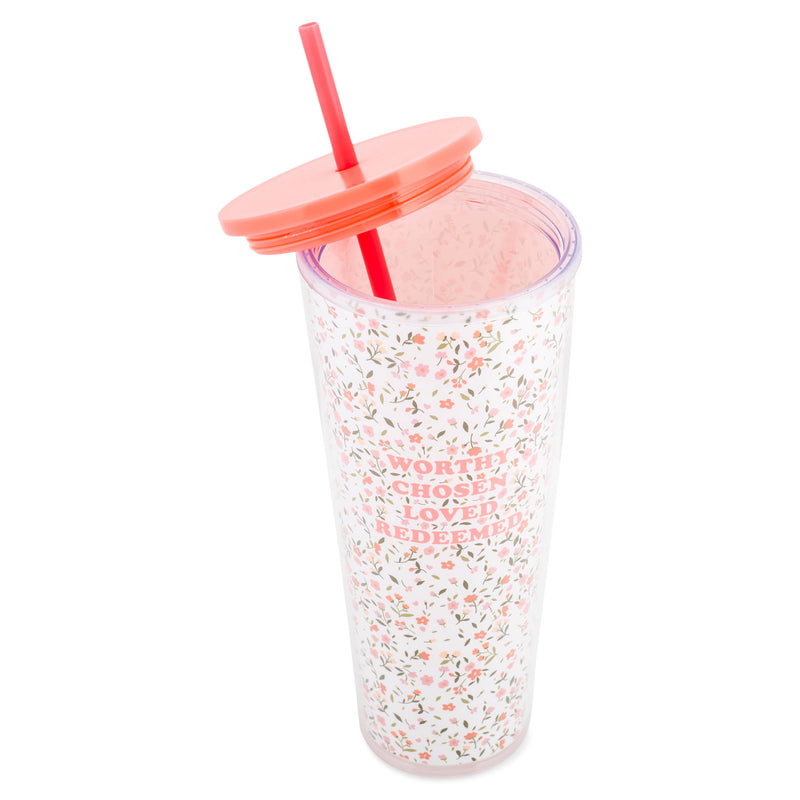 Mary Square Worthy Chosen Loved Redeemed Floral 24 ounce Acrylic Travel Tumbler with Straw