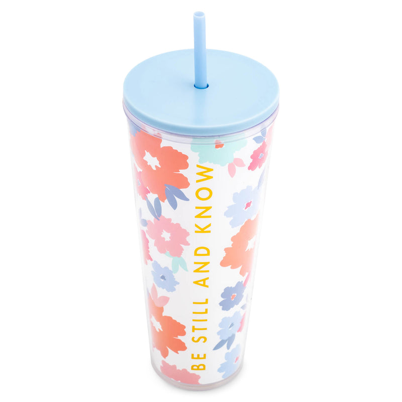 Mary Square Be Still and Know Pink Floral 24 ounce Acrylic Travel Tumbler with Straw