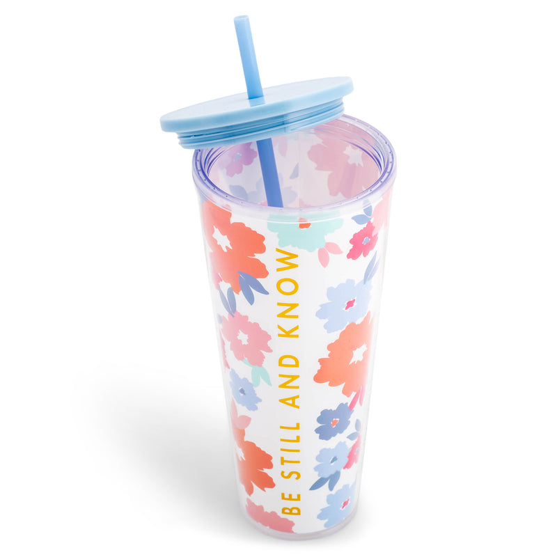 Mary Square Be Still and Know Pink Floral 24 ounce Acrylic Travel Tumbler with Straw