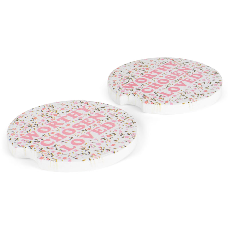 Mary Square Worthy Chosen Loved Pink Floral 2.5 inch Stoneware Absorbent Car Coaster Set of 2