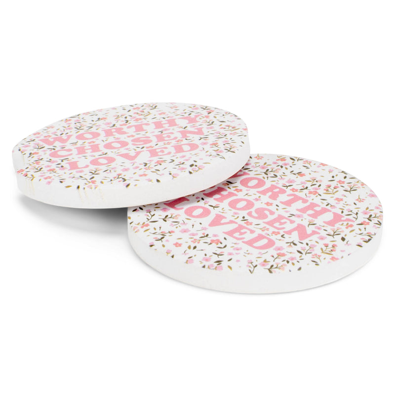 Mary Square Worthy Chosen Loved Pink Floral 2.5 inch Stoneware Absorbent Car Coaster Set of 2