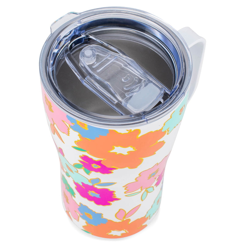 Mary Square Orange Pink Floral 16 ounce Stainless Steel Curved Travel Tumbler with Handle