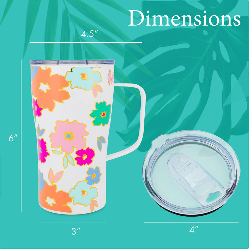 Mary Square Orange Pink Floral 16 ounce Stainless Steel Curved Travel Tumbler with Handle