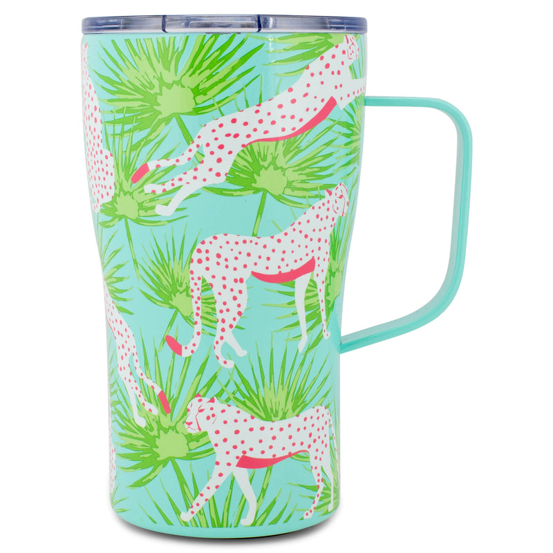 Mary Square Party Animal Teal Jaguar 16 ounce Stainless Steel Curved Travel Tumbler with Handle