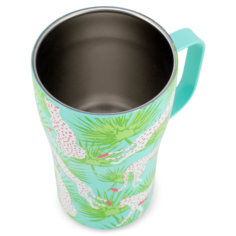 Mary Square Party Animal Teal Jaguar 16 ounce Stainless Steel Curved Travel Tumbler with Handle