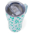 Mary Square Teal Blue Cheetah 16 ounce Stainless Steel Curved Travel Tumbler with Handle