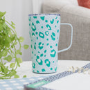 Mary Square Teal Blue Cheetah 16 ounce Stainless Steel Curved Travel Tumbler with Handle