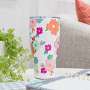 Mary Square Bright Pink Orange Floral 32 ounce Stainless Steel Travel Tumbler