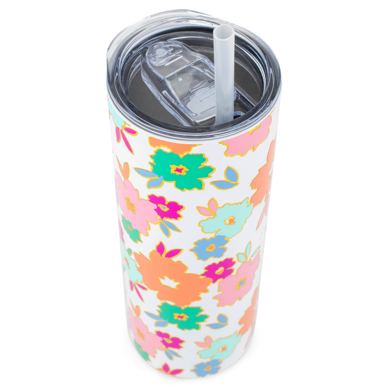 Mary Square Orange Pink Floral 20 ounce Stainless Steel Skinny Travel Tumbler with Straw