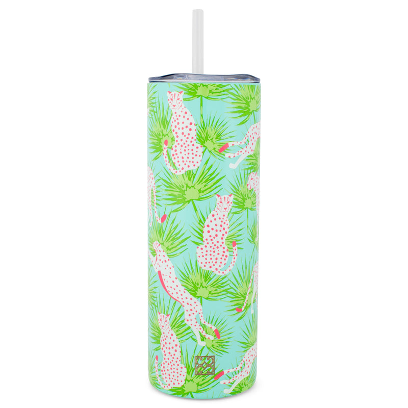 Mary Square Party Animal Teal Jaguar 20 ounce Stainless Steel Skinny Travel Tumbler with Straw