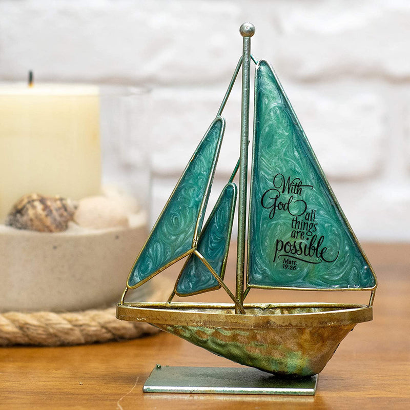 Dicksons with God All Things Possible Matthew 19:26 6 x 5 Metal Table Top Sailboat Figurine Decoration