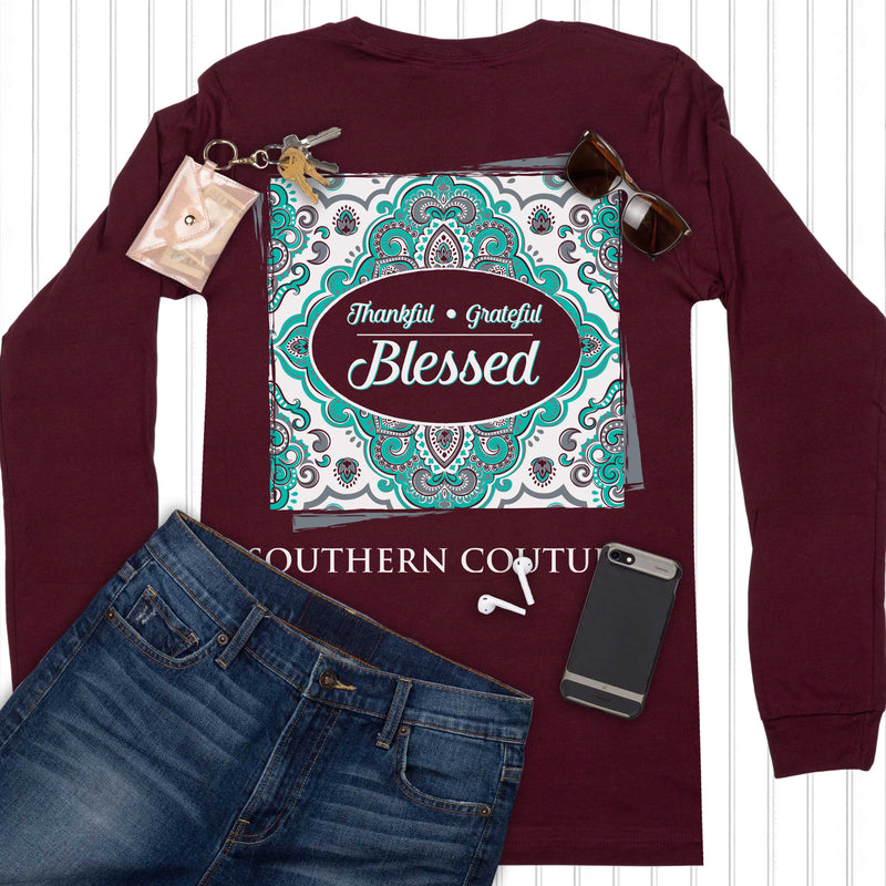 Southern Couture SC Classic Thankful Grateful Blessed on Longsleeve Womens Classic Fit T-Shirt - Maroon