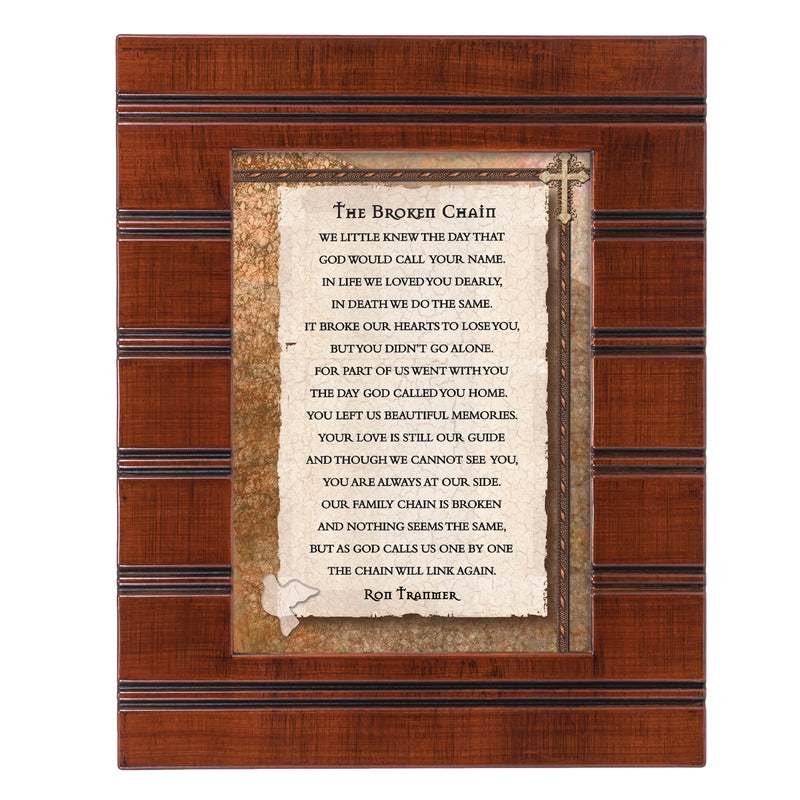 Front view of The Broken Chain Ron Tranmer Bereavement Woodgrain Beaded Board Frame Plaque