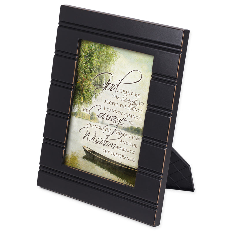 Front view of The Serenity Prayer Boat on a Lake Black Frame 