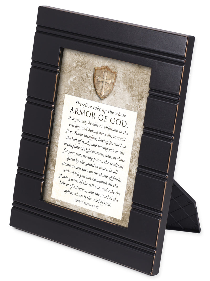Front view of The Full Armor of God Ephesians 6:10-18 Black with Gold Trim Frame 