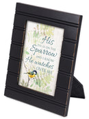 Front view of His Eye is on the Sparrow Black with Gold Trim Frame 