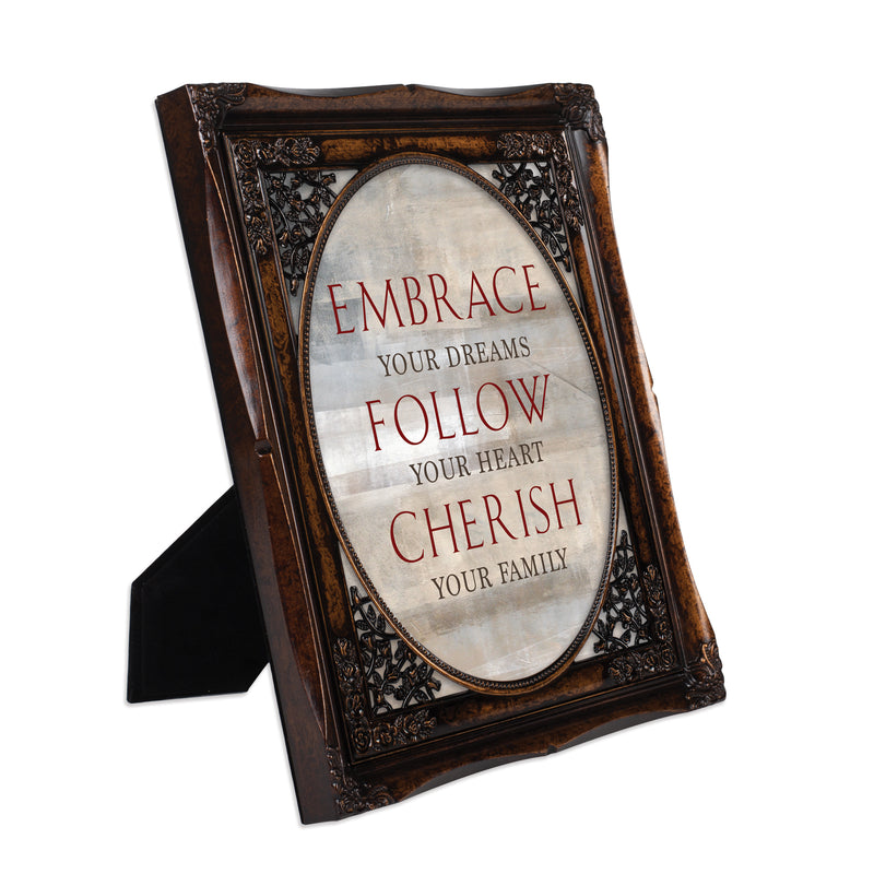 Front view of Embrace Follow Cherish Family Burlwood Floral Cutout Photo Frame