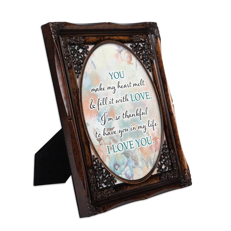 Front view of You Make My Heart Melt Burlwood Floral Cutout Photo Frame