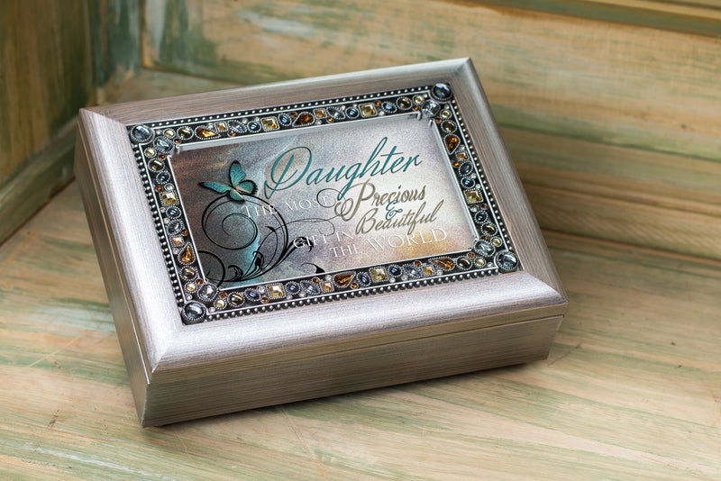 Precious Daughter Brushed Pewter Finish Jeweled Jewelry Music Box Plays You Light Up My Life
