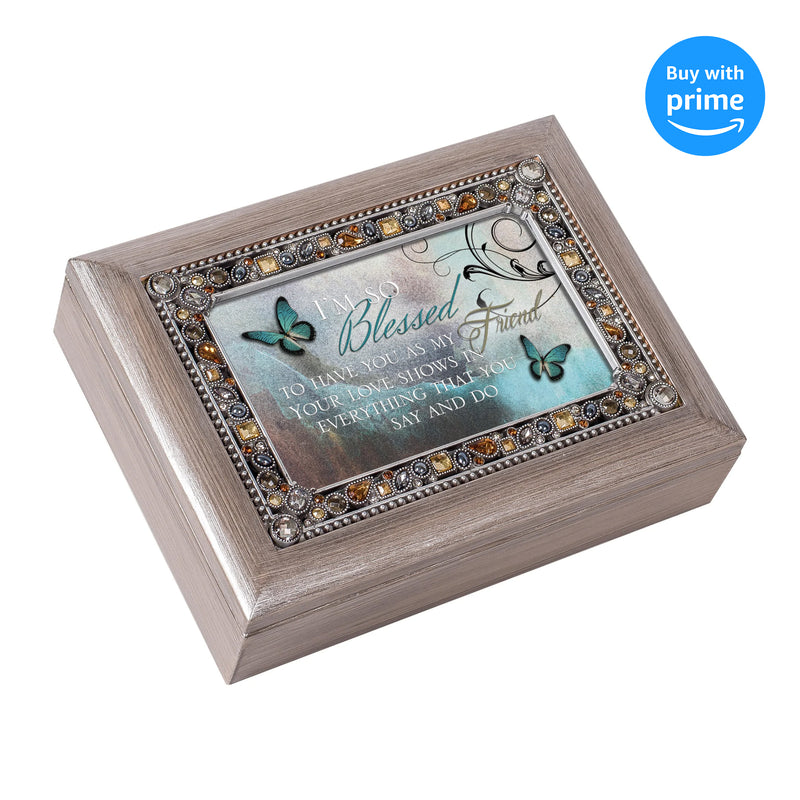 Top down view of Blessed to Have You as Friend Brushed Pewter Jeweled Music Box