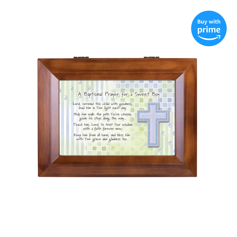 Top down view of Baptismal Prayer for a Sweet Boy Wood Finish Jewelry and Music Box -