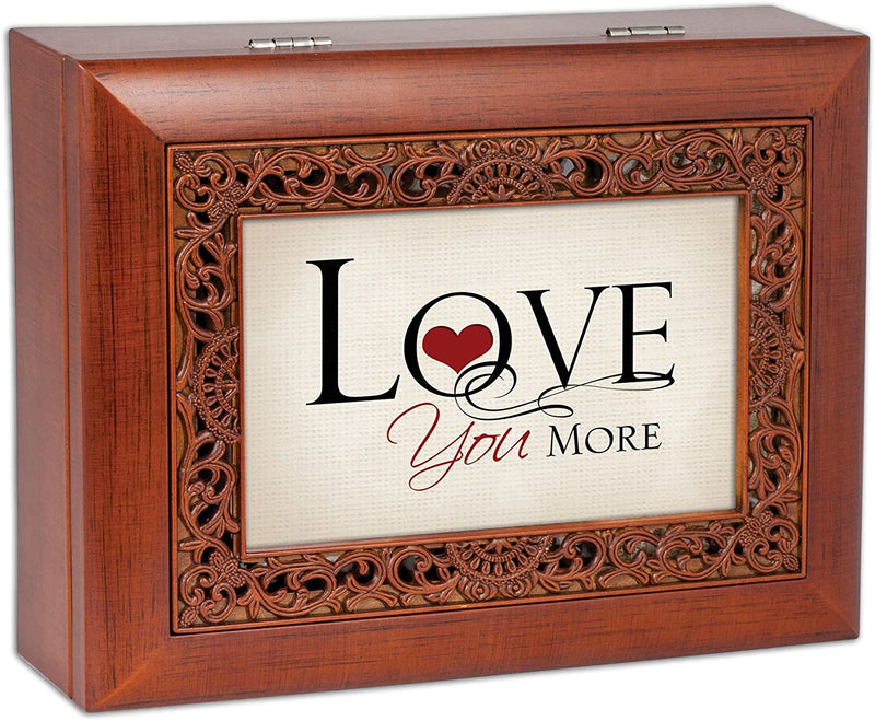 Top down view of Love You More Ornate Woodgrain Inlay Jewelry and Music Box