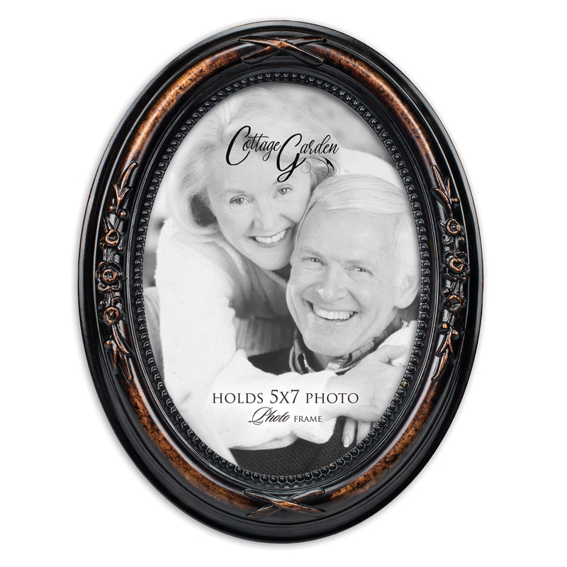 Front view of Add Your Own Personal Photo Burlwood Finish Floral Oval Table and Wall Photo Frame