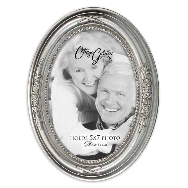 Front view of Add Your Own Personal Photo Brushed Silver Floral Oval Table and Wall Photo Frame