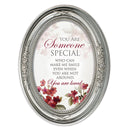 Front view of Someone Special Make Me Smile Brushed Silver Floral Oval Table and Wall Photo Frame