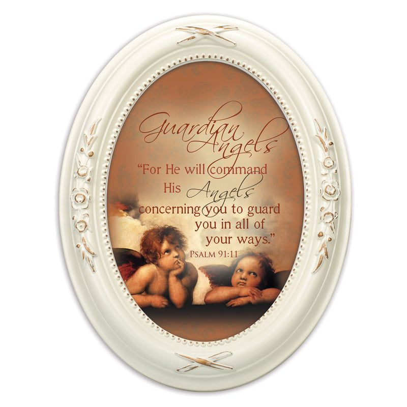 Front view of Guardian Angels Inspirational Distressed Ivory Floral Oval Table and Wall Photo Frame