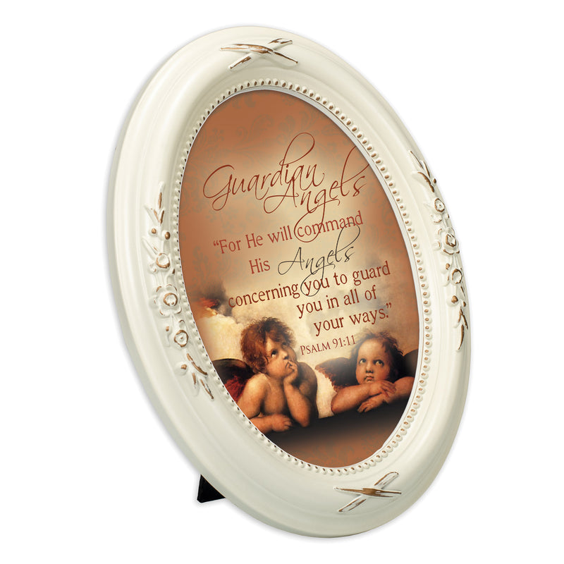 Guardian Angels Inspirational Distressed Ivory Floral 5 x 7 Oval Table and Wall Photo Frame