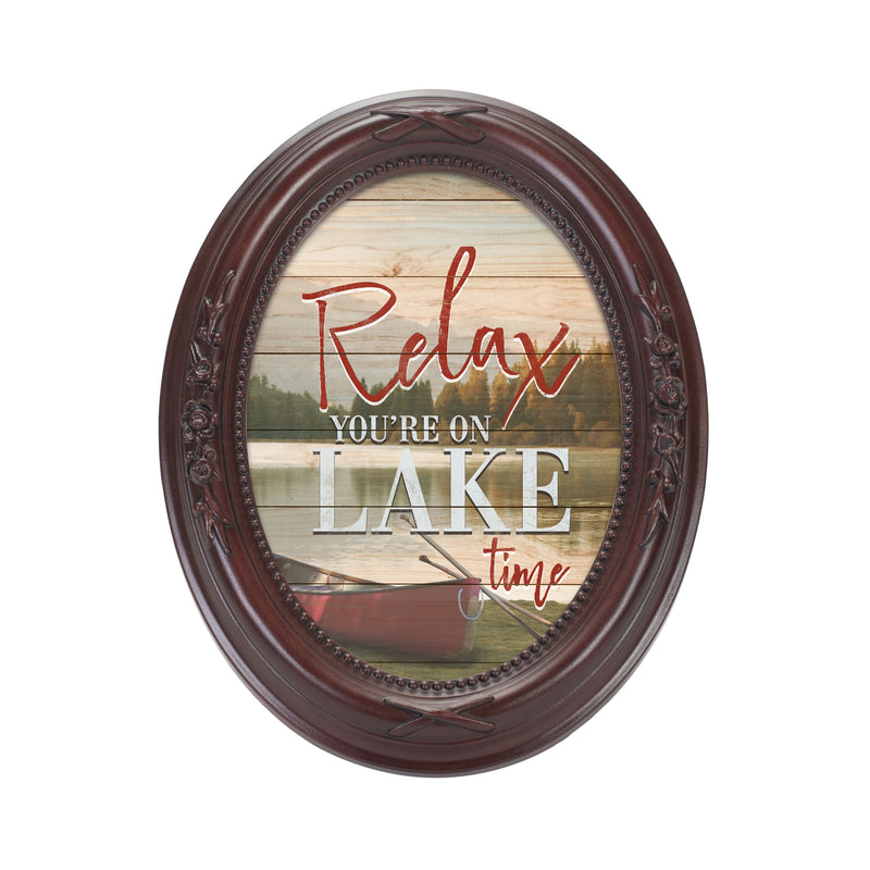 Front view of Relax, You're On Lake Time Mahogany Finish Floral Oval Table and Wall Photo Frame