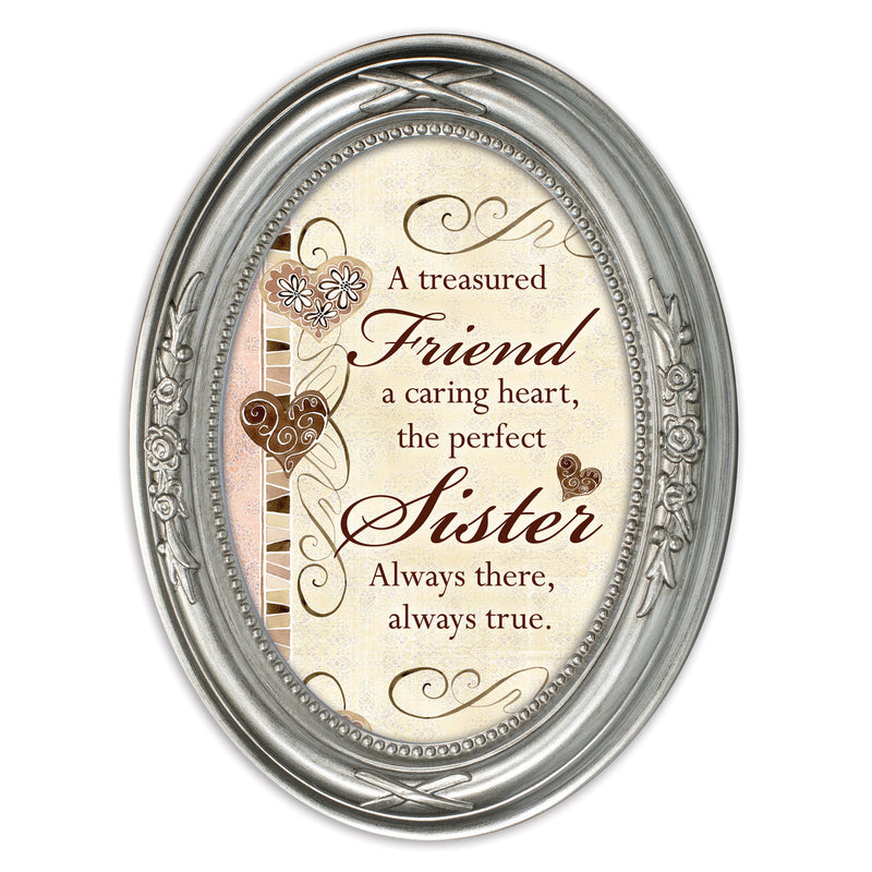 Front view of Treasured Friend Caring Heart Brushed Silver Floral Oval Table and Wall Photo Frame