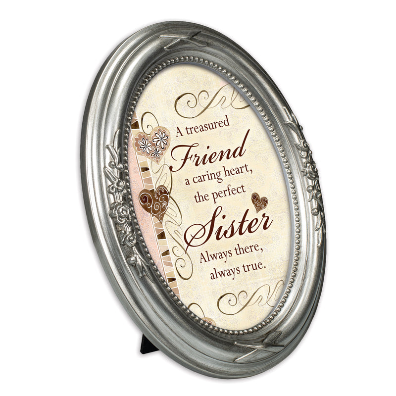 Treasured Friend Caring Heart Brushed Silver Floral 5 x 7 Oval Table and Wall Photo Frame