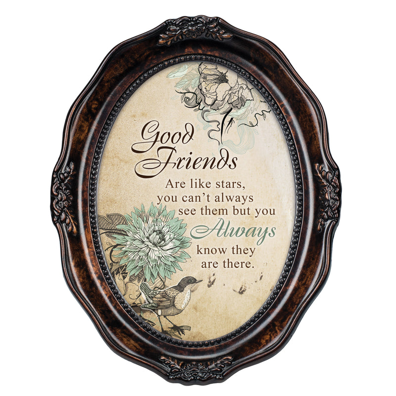 Front view of Good Friends Are Like Stars Burlwood Finish Wavy Oval Table and Wall Photo Frame
